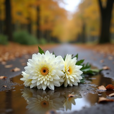 Flowers reflect in a puddle on an autumn road