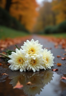 Beautiful white flowers reflecting on a rainy path