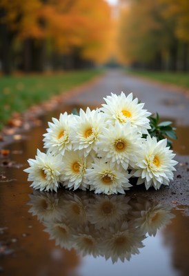 White water lilies reflect on a rainy pathway in autumn