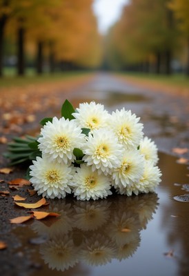 White daisies on wet pathway in autumn landscape