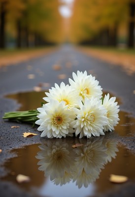 White flowers resting on a wet road in autumn