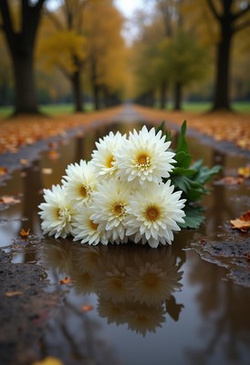 Daisies resting on wet pavement in a quiet park