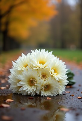 White daisies on a rainy pathway in autumn