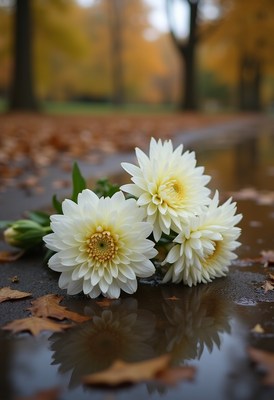 Flowers laying on wet ground in autumn park scene