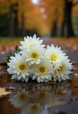 White flowers reflecting in puddles on a fall day