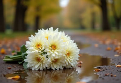 Flowers resting on a wet path in a serene garden