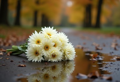 Beautiful white daisies rest on a rainy path in autumn