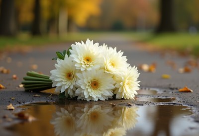 White flowers resting on a rainy pathway in autumn