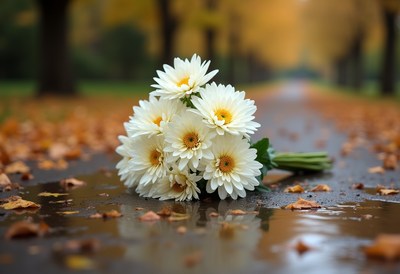 White flowers on a rainy street surrounded by leaves