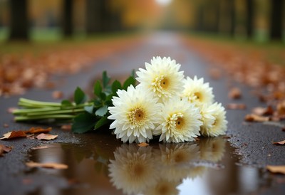 Bouquet of white flowers on the wet path in the park