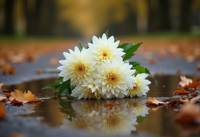 Flowers resting in a puddle on a quiet autumn path