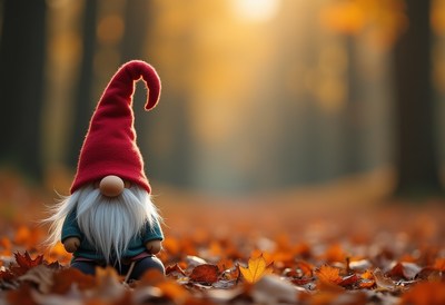 Gnome sitting among autumn leaves in a forest