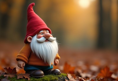 Charming garden gnome stands among autumn leaves