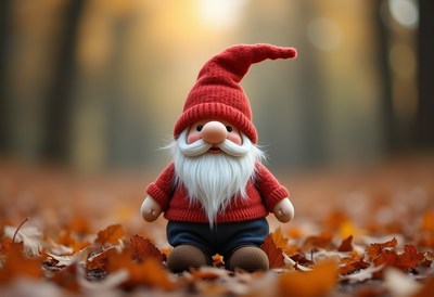 Charming gnome stands amidst autumn leaves in a forest