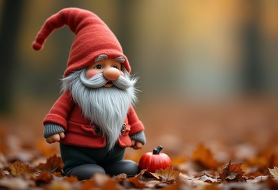 Cute gnome stands beside a small pumpkin in autumn leaves