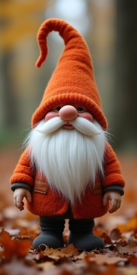 Friendly gnome in orange outfit among autumn leaves