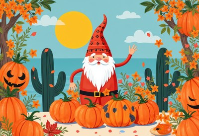 Festive gnome with pumpkins by the seaside