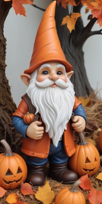 Friendly gnome with pumpkins in autumn setting