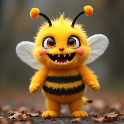 Cute yellow bee toy with big eyes stands on ground