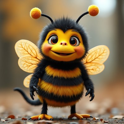Cute cartoon bee with fluffy fur and big smile in nature