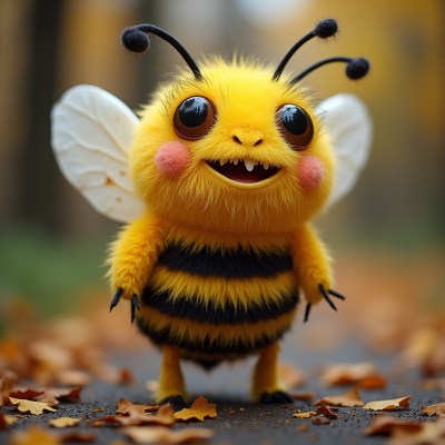 Cute cartoon bee enjoying autumn in a forest