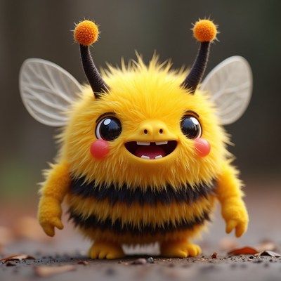 Cute furry character resembling a bee in a natural setting