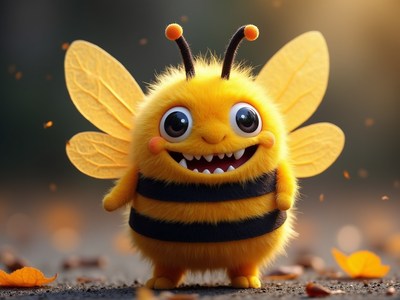 Cute fluffy bee character in a colorful autumn setting