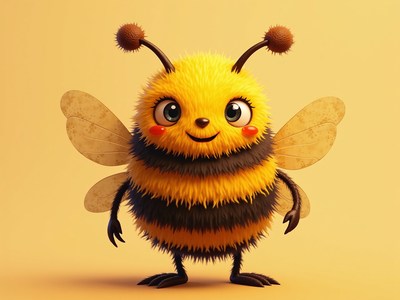 Cute cartoon bee character with fuzzy design and big eyes