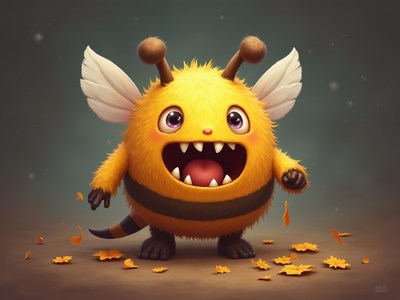 Cute yellow monster bee with big eyes and sharp teeth