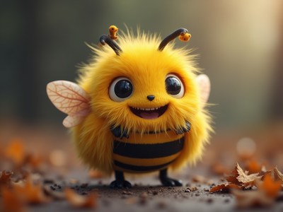 Cute fuzzy bee smiling in a forest during autumn
