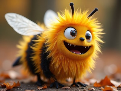 Cute furry bee character with bright yellow fur
