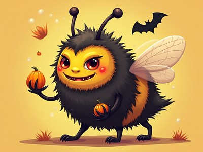 Fun cartoon bee character with pumpkins and bat