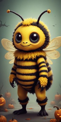 Cute bee character surrounded by pumpkins in autumn