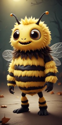 Cute character resembling a fuzzy bee in a forest setting