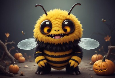 Cute furry bee character in a halloween setting