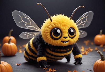 Cute furry bee surrounded by pumpkins and autumn leaves