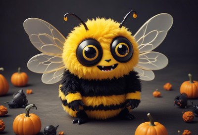 Cute bee character surrounded by pumpkins and toys