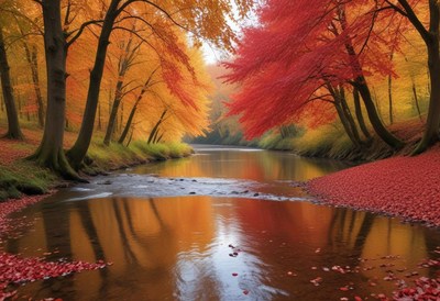Colorful autumn trees reflect on calm river water