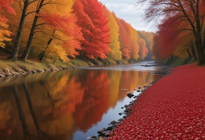 Autumn river scene with vibrant red and orange foliage
