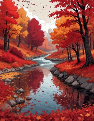 Vibrant autumn scene with river and colorful trees