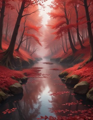 Scenic red landscape with calm water and autumn trees