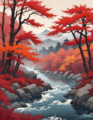 Vibrant autumn scenery with flowing river and mountains