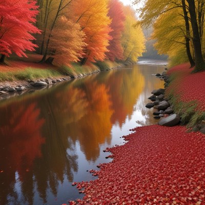 Autumn reflections on a peaceful riverbank