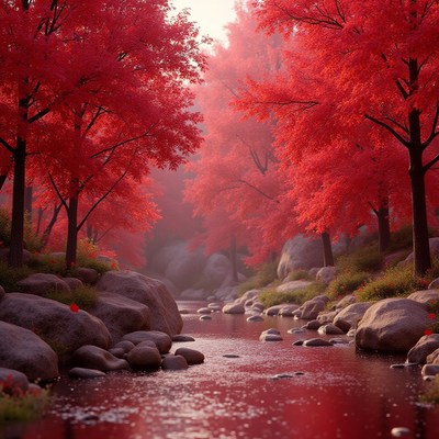 Vibrant red trees lining a peaceful river in autumn