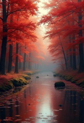 Serene autumn landscape with red trees and calm water