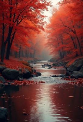 Beautiful river flows through vibrant autumn forest