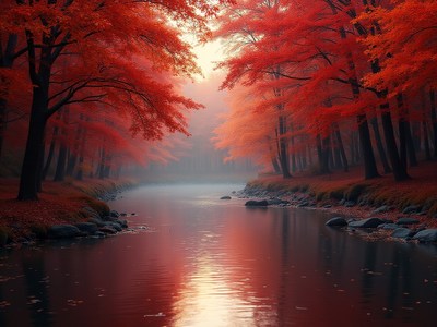 Autumn colors reflect in a peaceful forest river