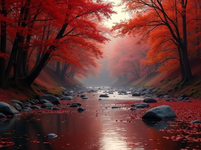 Vibrant red autumn leaves reflect in a tranquil river