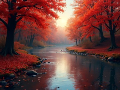 Vibrant red trees reflect in autumn river