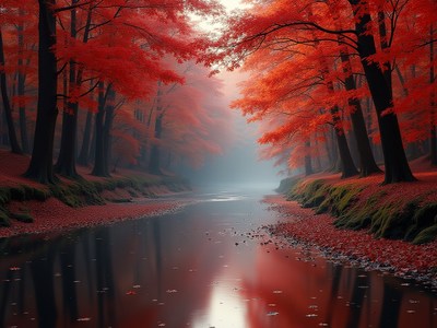 Captivating red leaves reflect in calm river at dawn